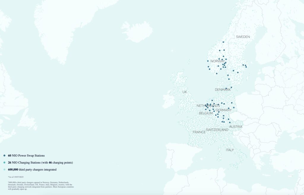 Les stations de charge européennes de Nio, les points bleus foncés étant le Battery Swap Les stations de charge européennes de Nio, les points bleus foncés étant le Battery Swap