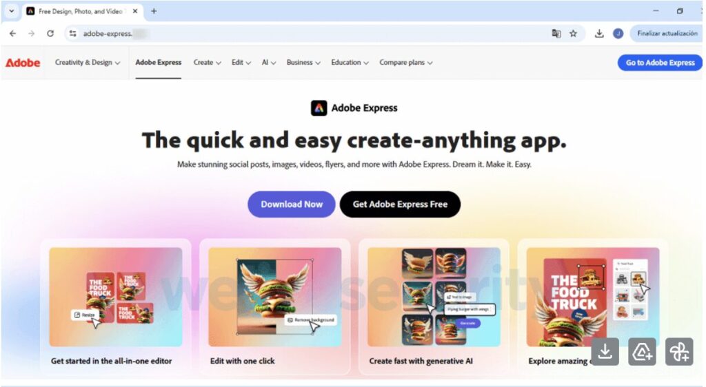 Fausse page d'accueil Adobe Express créée par des cybercriminels // Source : ESET
