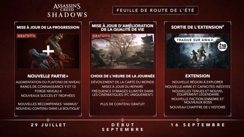 La roadmap d'été d'Assassin's Creed Shadows // Source : Ubisoft