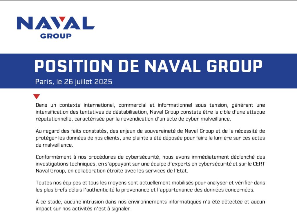 Communiqué officiel de Naval Group le 26 juillet 2025 // Source : Naval Group Communiqué officiel de Naval Group le 26 juillet 2025 // Source : Naval Group