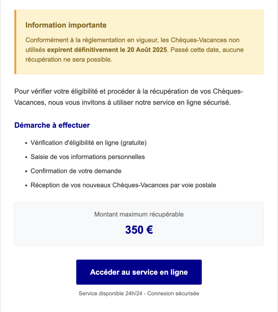 Capture d'un mail frauduleux reçu le 30 juillet 2025 par un journaliste de la rédaction // Source : Numerama