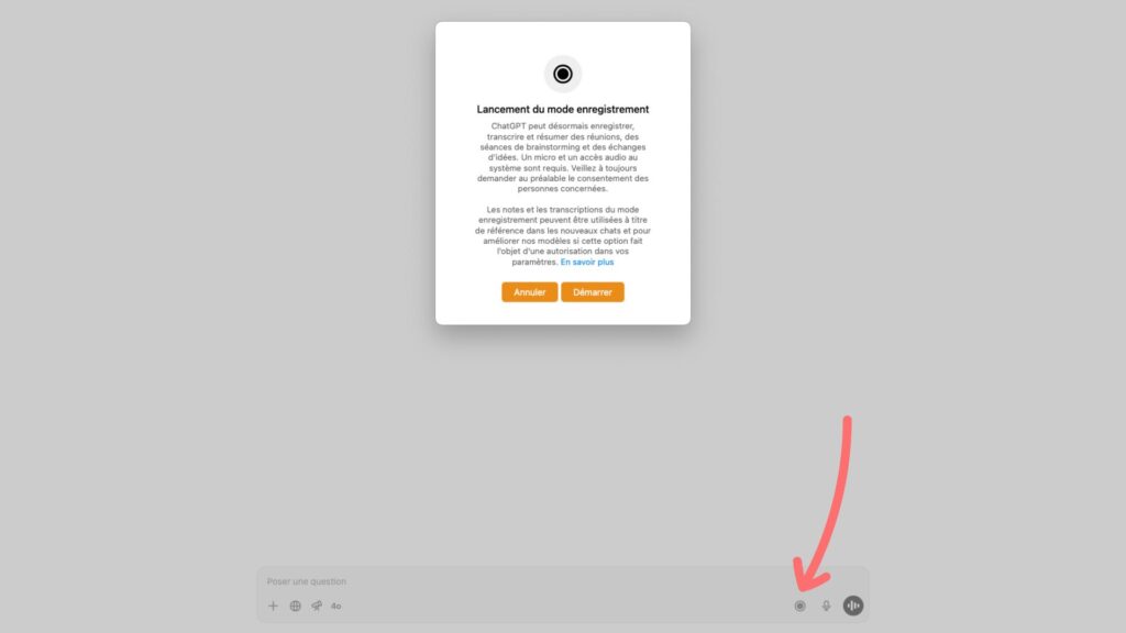 ChatGPT informe de l'arrivée du mode enregistrement dans l'app bureau sur macOS. // Source : Capture d'écran Numerama, ChatGPT Pro ChatGPT informe de l'arrivée du mode enregistrement dans l'app bureau sur macOS. // Source : Capture d'écran Numerama, ChatGPT Pro