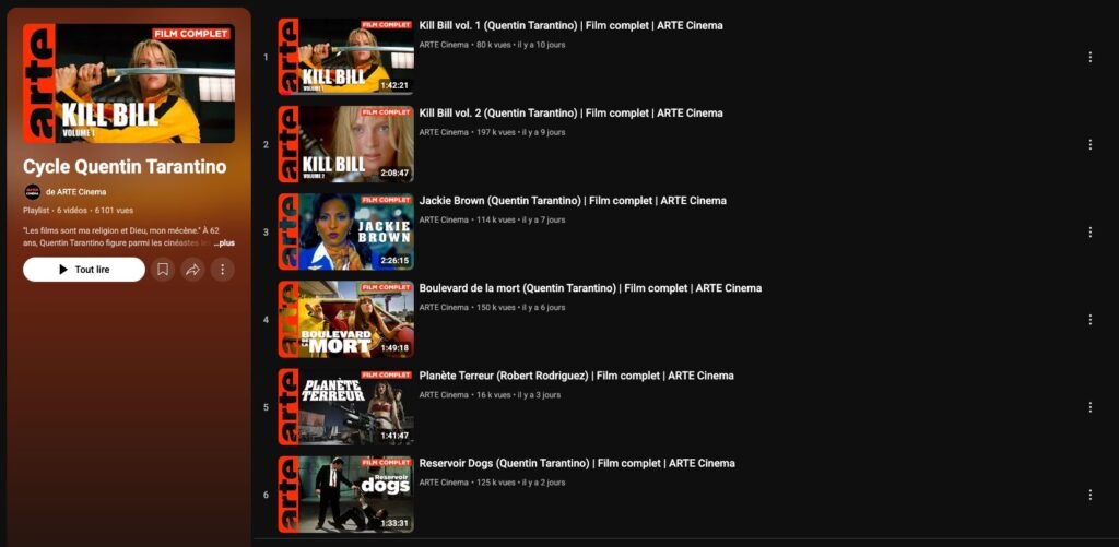 Les films de Tarantino disponibles sur YouTube // Source : Capture Numerama Les films de Tarantino disponibles sur YouTube // Source : Capture Numerama