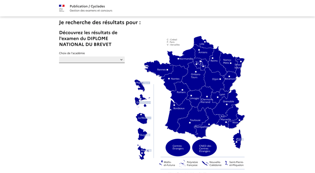 Le site Cyclades pour consulter les résultats du brevet // Source : Capture Numerama