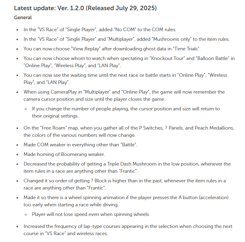 Le changelog de la mise à jour 1.2.0 de Mario Kart World. Le changelog de la mise à jour 1.2.0 de Mario Kart World.