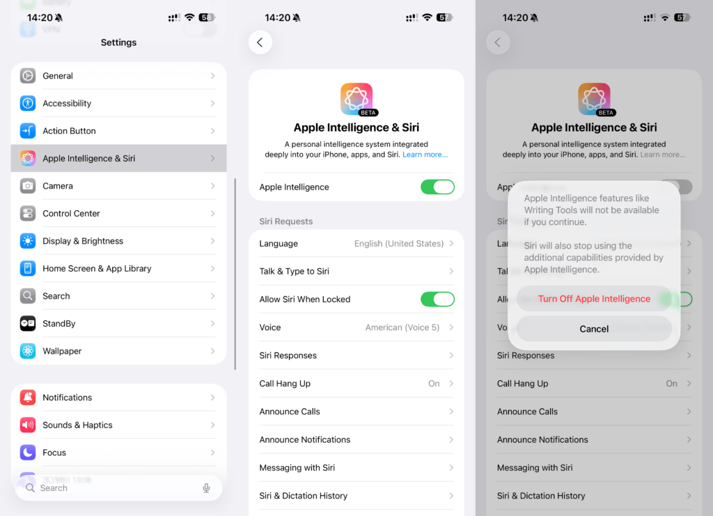 La désactivation d'Apple Intelligence sur un iPhone sous iOS 26 (la procédure est la même sur les anciens systèmes). La désactivation d'Apple Intelligence sur un iPhone sous iOS 26 (la procédure est la même sur les anciens systèmes).