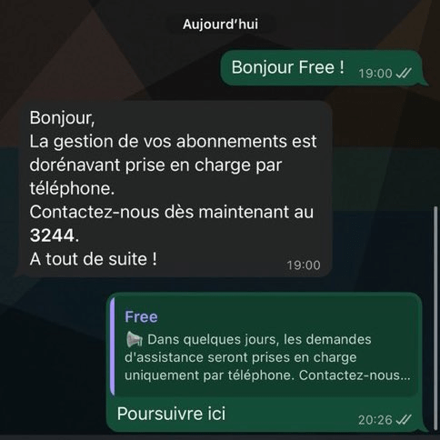 La réponse automatique envoyée par le service client WhatsApp de Free.