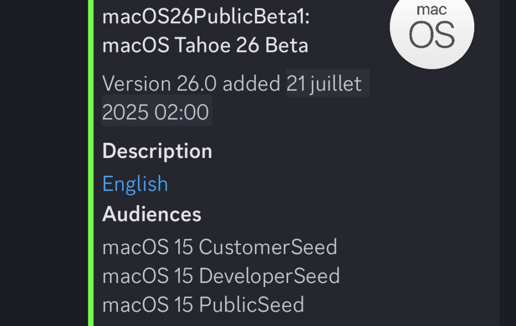 Les bots Discord qui surveillent l'activité des serveurs Apple ont bien vu la publication de la bêta 1 publique.