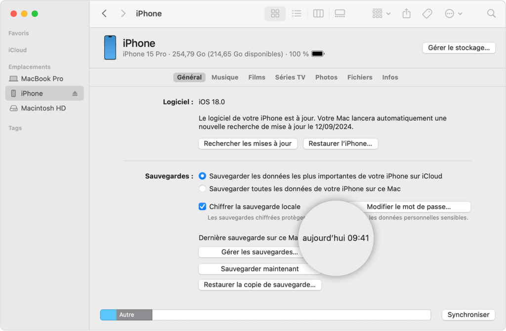 La gestion d'un iPhone depuis le Finder sur macOS.
