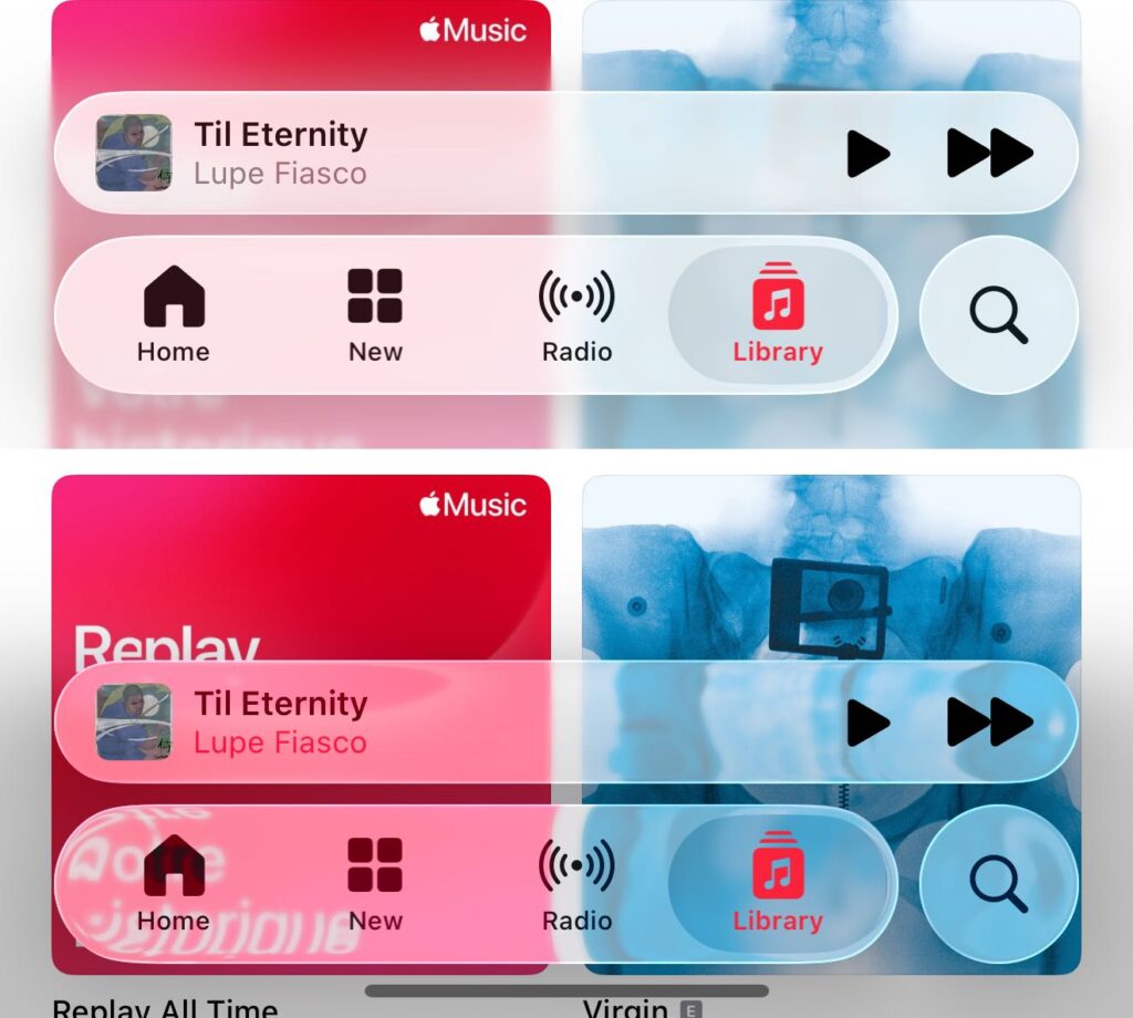 L'application Musique dans iOS 26 bêta 3 et iOS 26 bêta 4. L'application Musique dans iOS 26 bêta 3 et iOS 26 bêta 4.