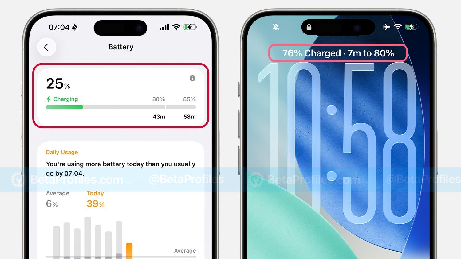 Le temps de charge restant de l'iPhone sur iOS 26 // Source : Beta Profiles via X