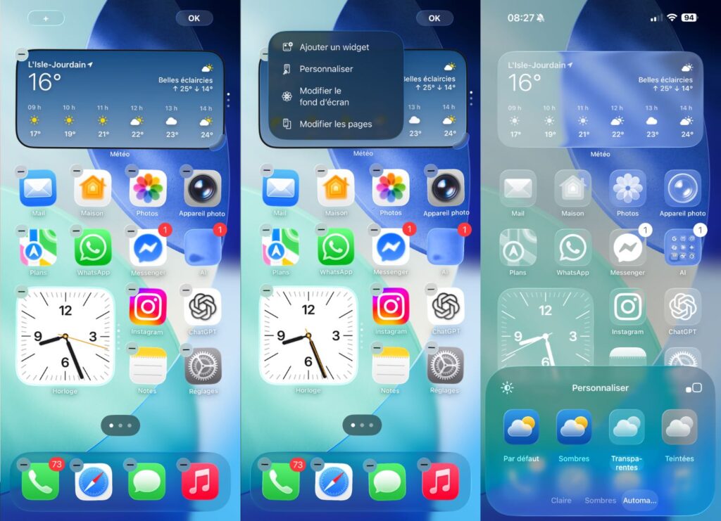 L'activation des icônes transparentes dans iOS 26.