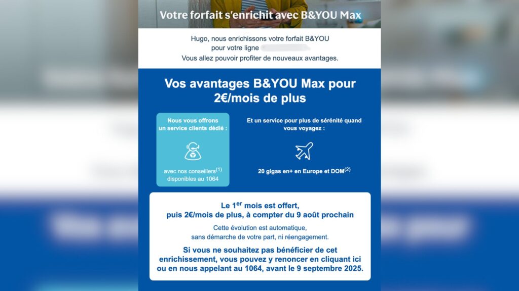 Le mail envoyé par Bouygues Telecom à ses abonnés B&You // Source : Numerama