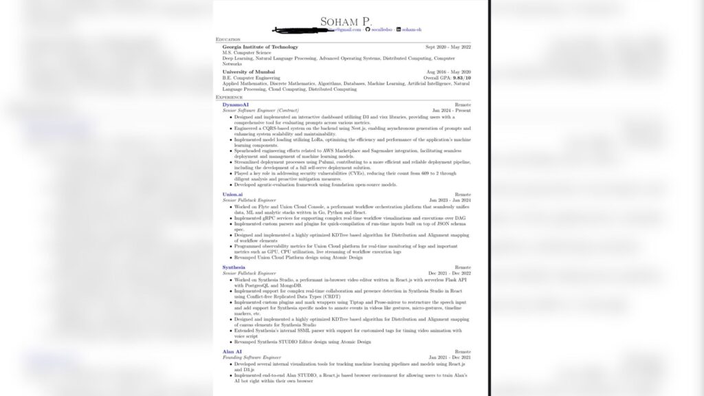 Le CV de Soham Parekh a été jugé étrange par plusieurs startups // Source : Sohal Doshi via X Le CV de Soham Parekh a été jugé étrange par plusieurs startups // Source : Sohal Doshi via X