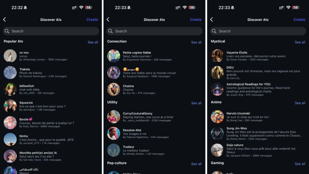 Voici les nombreux chatbots avec lesquels on peut discuter directement dans Instagram // Source : Numerama