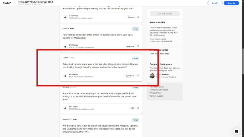 Question investisseur Tesla sur le Cybertruck // Source : Capture site Tesla Question investisseur Tesla sur le Cybertruck // Source : Capture site Tesla