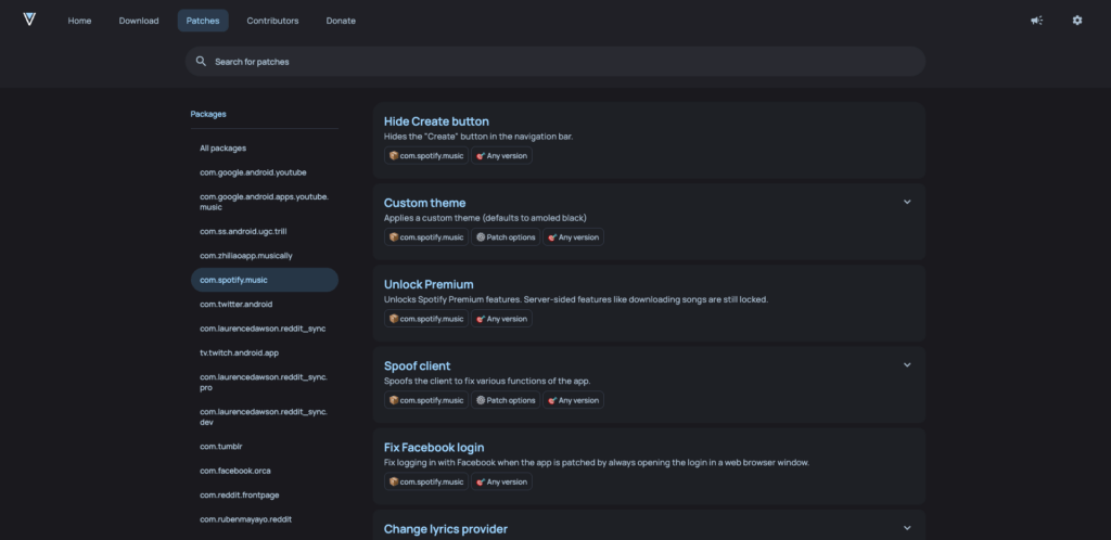 Parmi les patchs de ReVanced, il y en a un pour débloquer le Premium sur Spotify // Source : Capture Numerama Parmi les patchs de ReVanced, il y en a un pour débloquer le Premium sur Spotify // Source : Capture Numerama