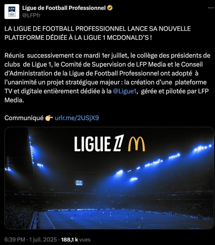 Le tweet d'annonce de la nouvelle chaîne de la Ligue 1.