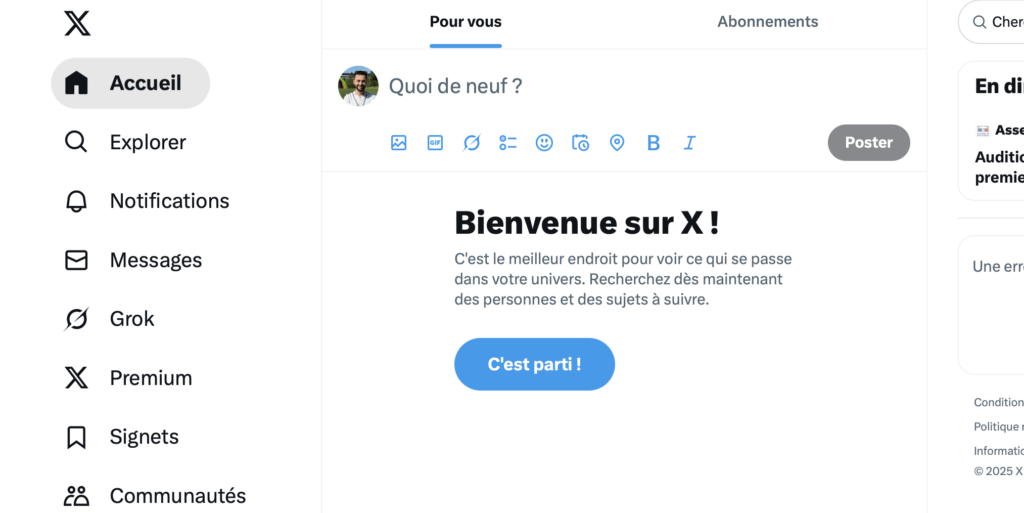 La page d'accueil de X avec la panne.