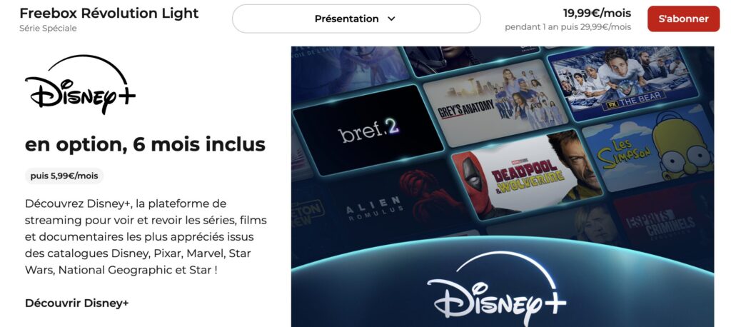 Disney+ est déjà mis en avant sur la page de la Freebox Révolution.