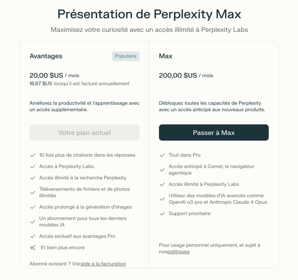 La comparaison entre les abonnements Perplexity Pro et Max. La comparaison entre les abonnements Perplexity Pro et Max.