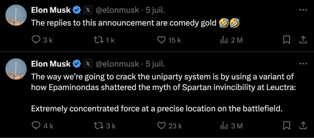 Elon Musk étant Elon Musk, il souhaite faire de l'humour sur son propre parti politique. Pas sûr qu'il le rende crédible.