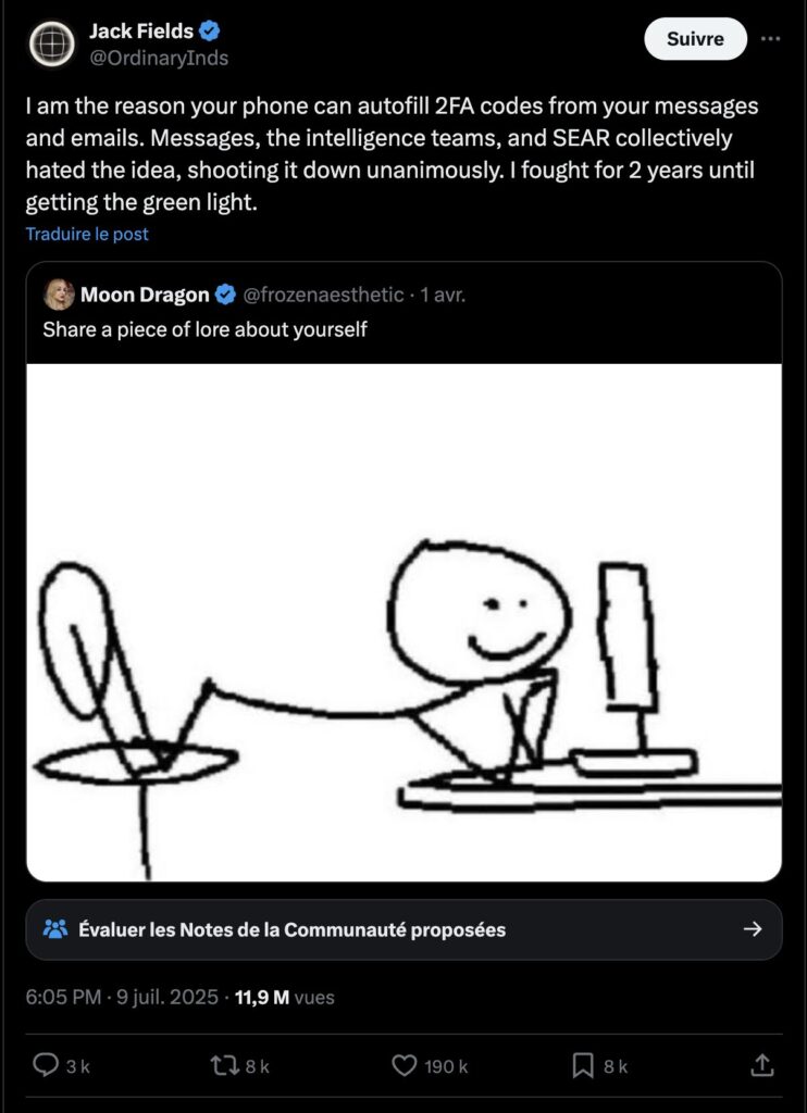 Dans ce très populaire tweet, Jack Fields prétend avoir inventé une fonction chez Apple.