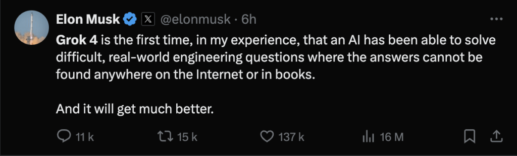 Selon Elon Musk, Grok 4 est la première IA capable de répondre à des problèmes compliqués.