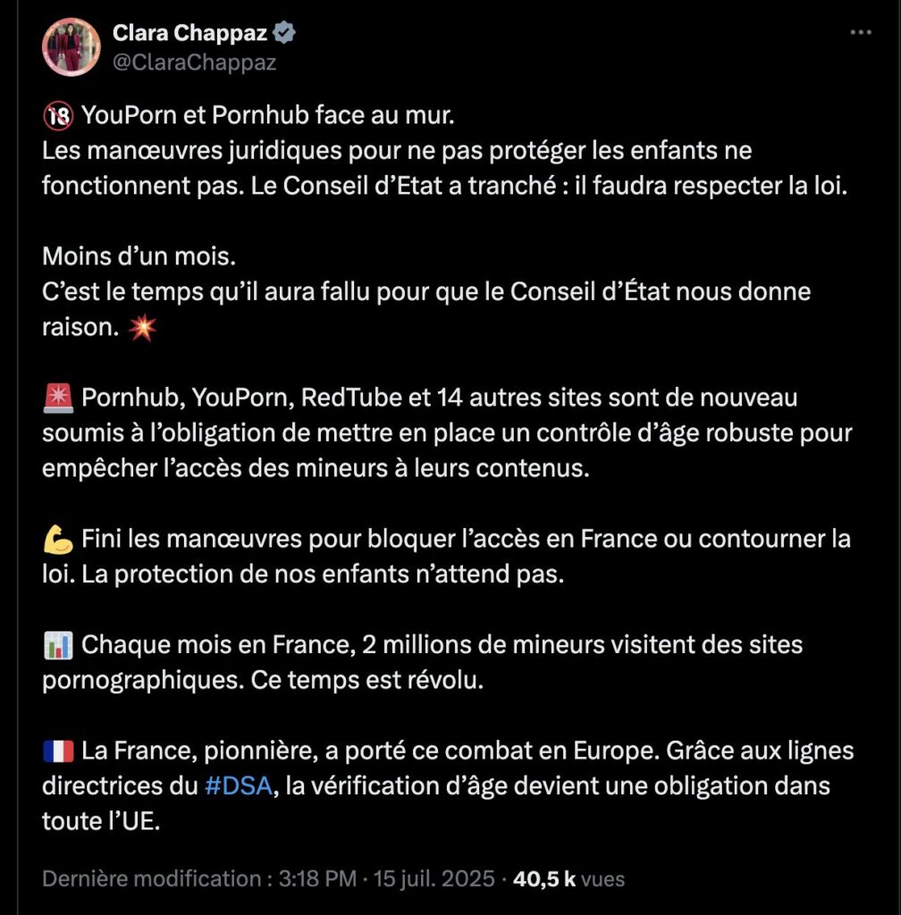 Sur X, la ministre du numérique s'est vivement félicitée de la décision du Conseil d'État. Sur X, la ministre du numérique s'est vivement félicitée de la décision du Conseil d'État.