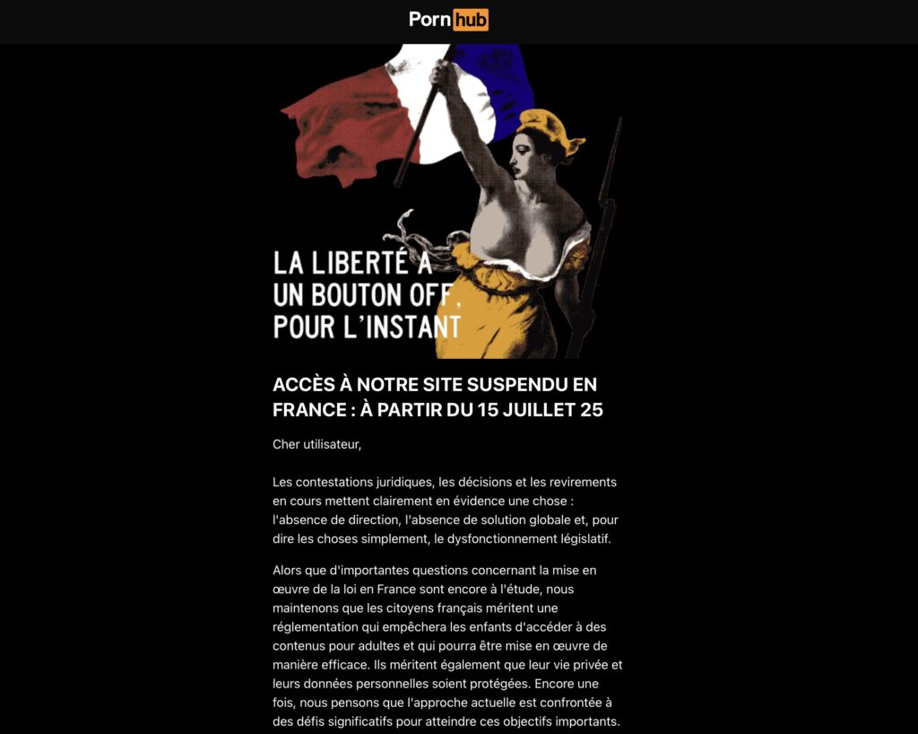 En page d'accueil, Pornhub proteste de nouveau contre le gouvernement français depuis le 15 juillet. Le site utilise l'image de Marianne. En page d'accueil, Pornhub proteste de nouveau contre le gouvernement français depuis le 15 juillet. Le site utilise l'image de Marianne.
