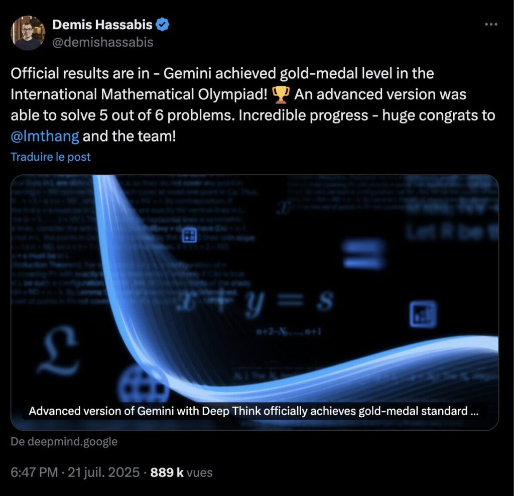 Demis Hassais, le patron de Google Deepming (et accessoirement prix Nobel), a annoncé l'exploit de Gemini. Demis Hassais, le patron de Google Deepming (et accessoirement prix Nobel), a annoncé l'exploit de Gemini.