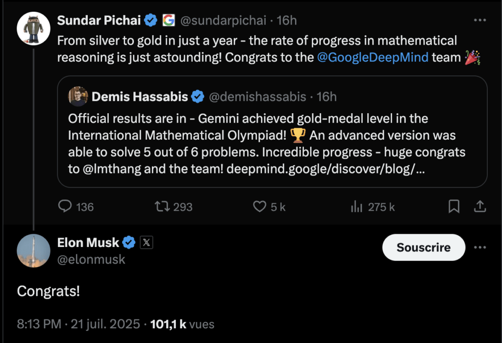 Même Elon Musk, qui concurrence DeepMind avec xAI, a félicité Google. Même Elon Musk, qui concurrence DeepMind avec xAI, a félicité Google.