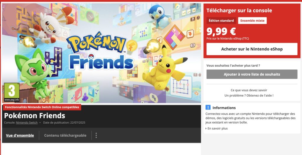 Sur Nintendo Switch et Nintendo Switch 2, Pokémon Friends coûte 9,99 euros à l'installation. Sur Nintendo Switch et Nintendo Switch 2, Pokémon Friends coûte 9,99 euros à l'installation.