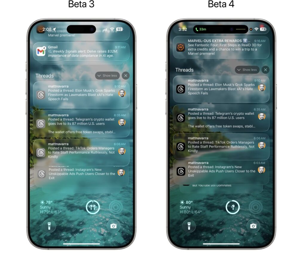 iOS 26 bêta 3 et iOS 26 bêta 4 : le fond d'écran s'obscurcit quand nécessaire, ce qui permet de conserver la transparence liquide. iOS 26 bêta 3 et iOS 26 bêta 4 : le fond d'écran s'obscurcit quand nécessaire, ce qui permet de conserver la transparence liquide.