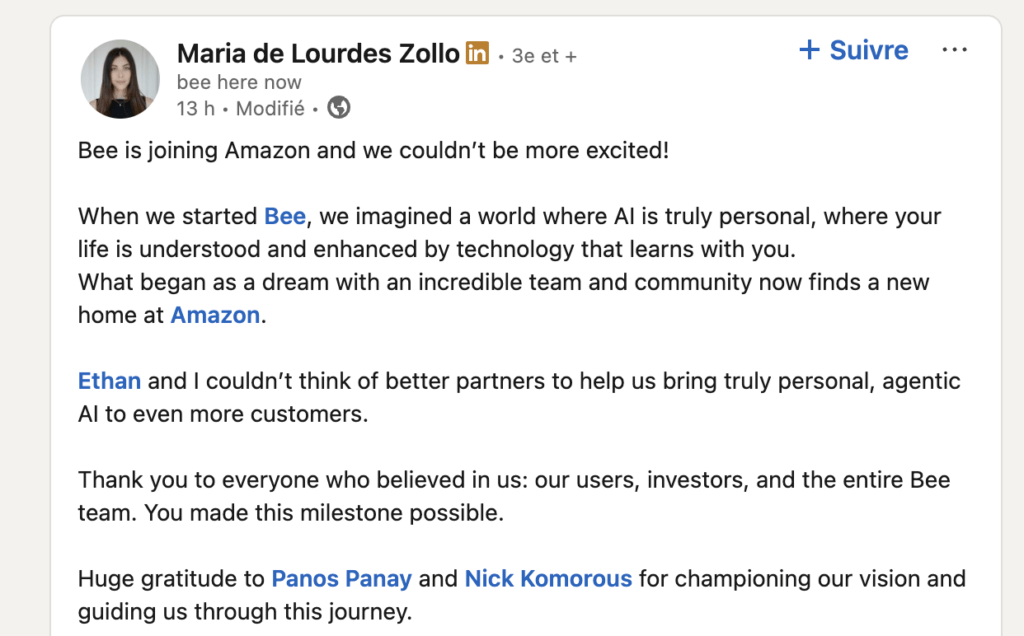 L'annonce du rachat de Bee AI par Amazon. L'annonce du rachat de Bee AI par Amazon.