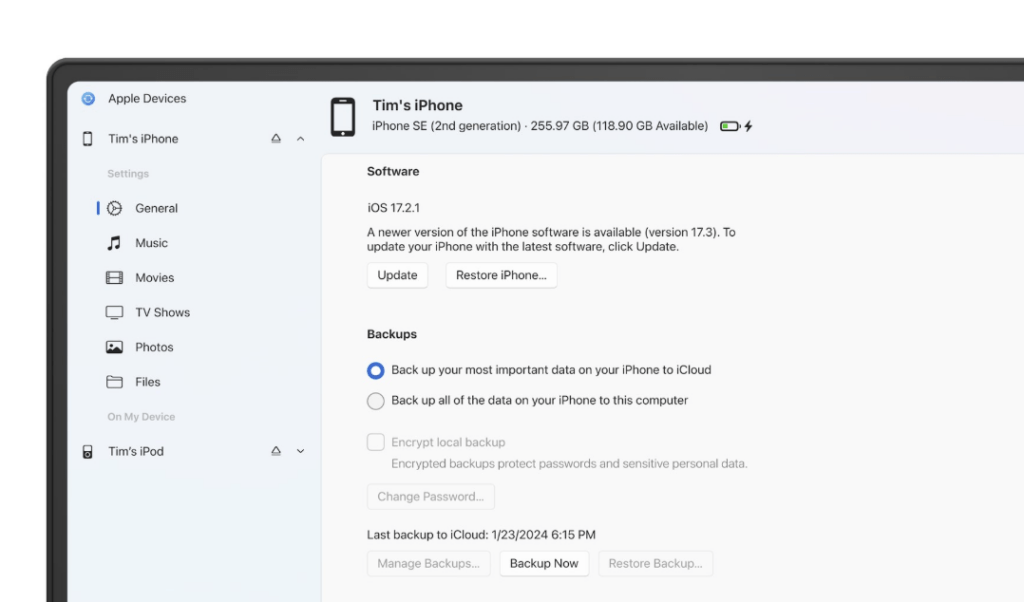 L'application Appareils Apple sur Windows permet de sauvegarder son iPhone sur un PC.