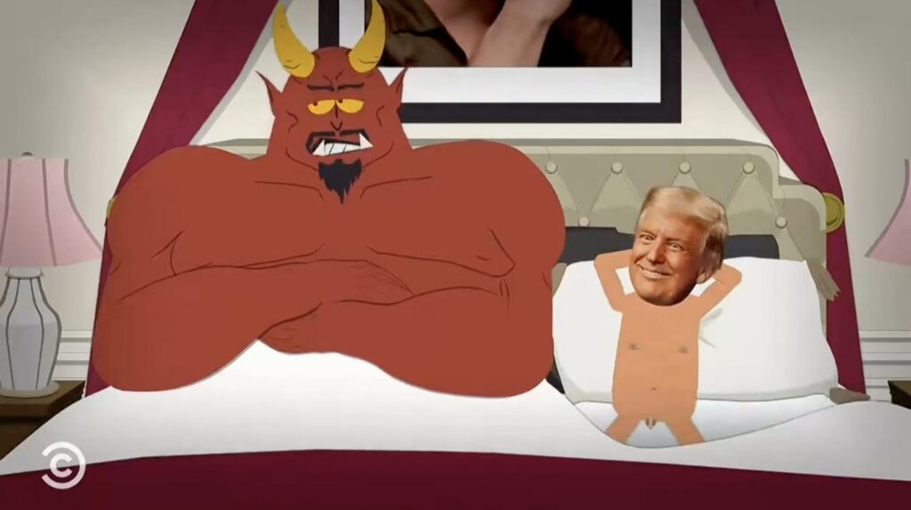 Dans l'épisode, Donald Trump est au lit avec Satan. Il ne cesse de montrer son petit pénis.