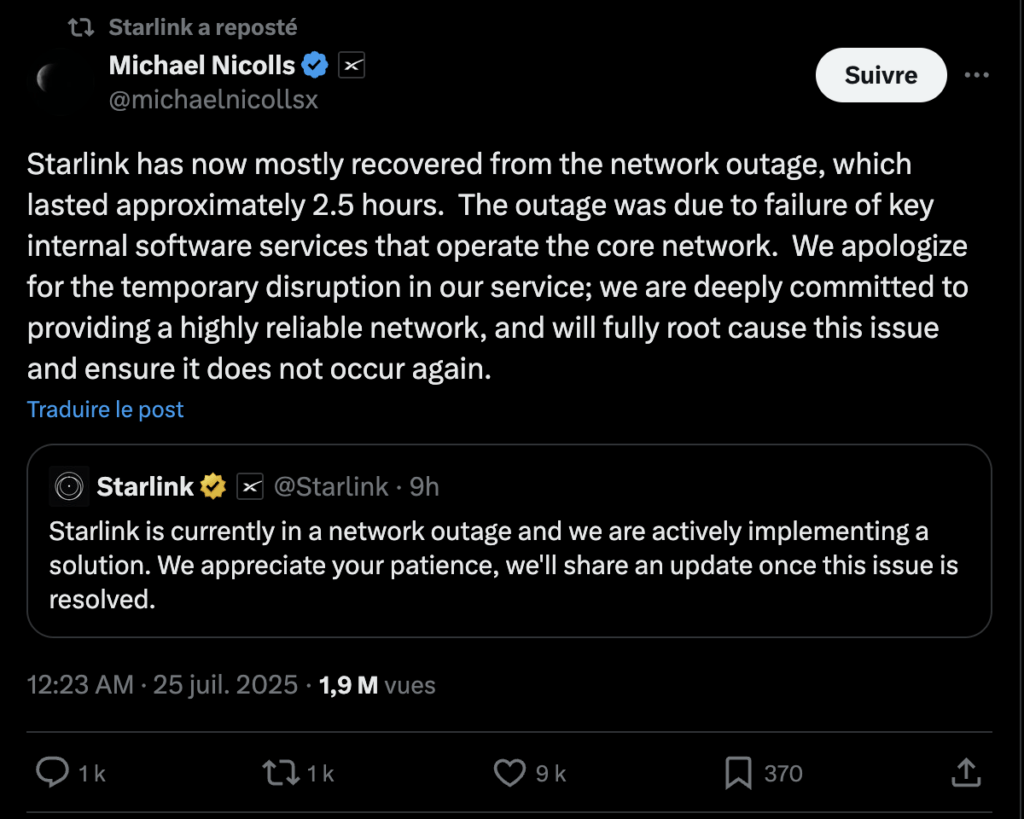 Sur Twitter, Starlink a confirmé une panne le 24 juillet vers 22 heures