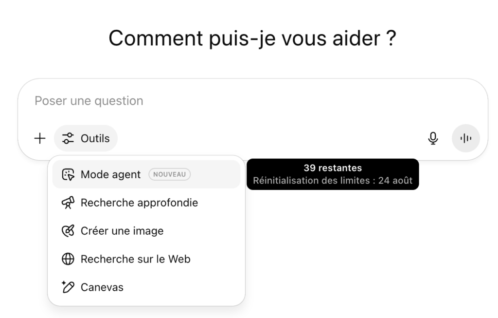Le mode agent est disponible dans la section Outils.