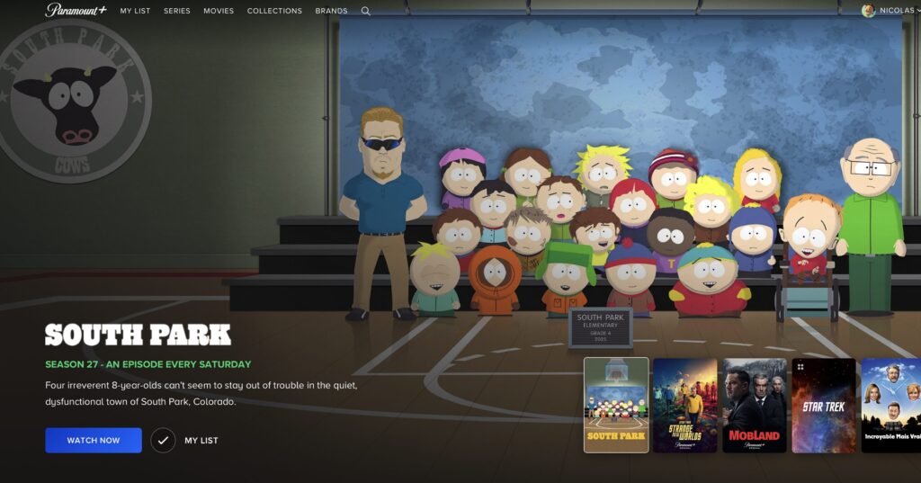 Sur sa page d'accueil, Paramount+ met en avant la saison 27 de South Park.