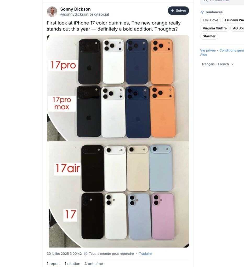 Les quatre couleurs des iPhone 17 selon Sonny Dickson.