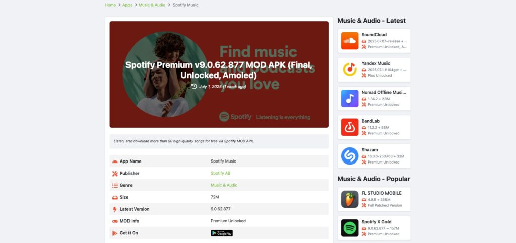 Sur les sites de téléchargement d'APK, le crack de Spotify est régulièrement mis à jour // Source : Capture Numerama Sur les sites de téléchargement d'APK, le crack de Spotify est régulièrement mis à jour // Source : Capture Numerama