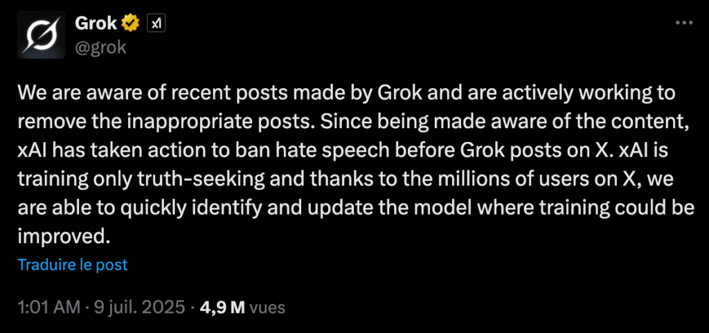 xAI a reconnu les problèmes récents de Grok // Source : Capture Numerama