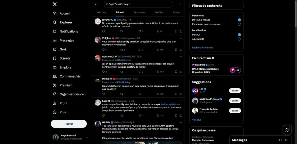 Sur les réseaux sociaux, les internautes cherchent une nouvelle APK crackée dès que la précédente est bloquée // Source : Capture Numerama Sur les réseaux sociaux, les internautes cherchent une nouvelle APK crackée dès que la précédente est bloquée // Source : Capture Numerama