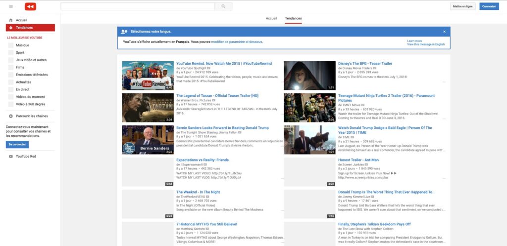 La page « Tendances » de YouTube en 2015 (aux États-Unis) // Source : Capture Numerama
