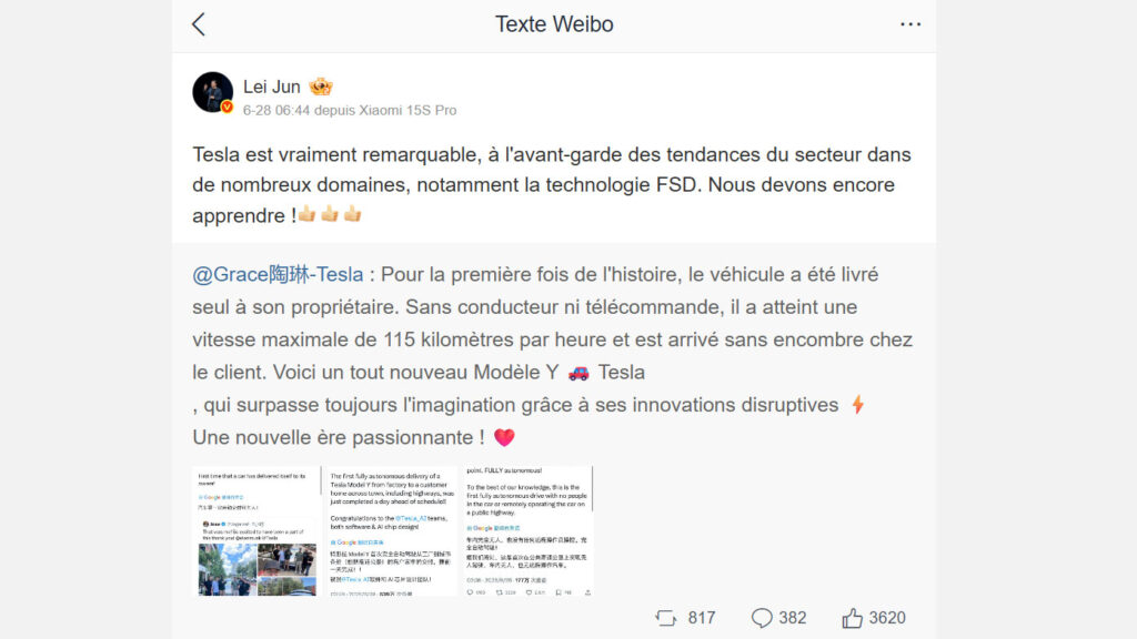 Lei Jun félicite Tesla pour son FSD // Source : Capture weibo (traduction google) 