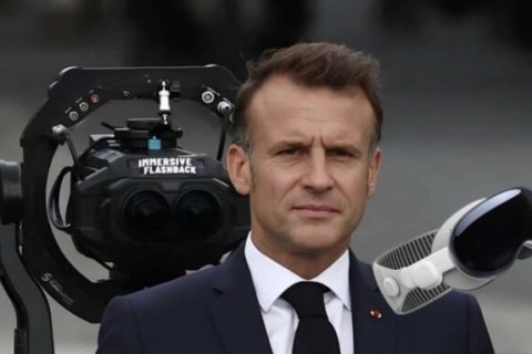 Emmanuel Macron avec une caméra Blackmagic pour APple Vision Pro. // Source : Immersive Flashback