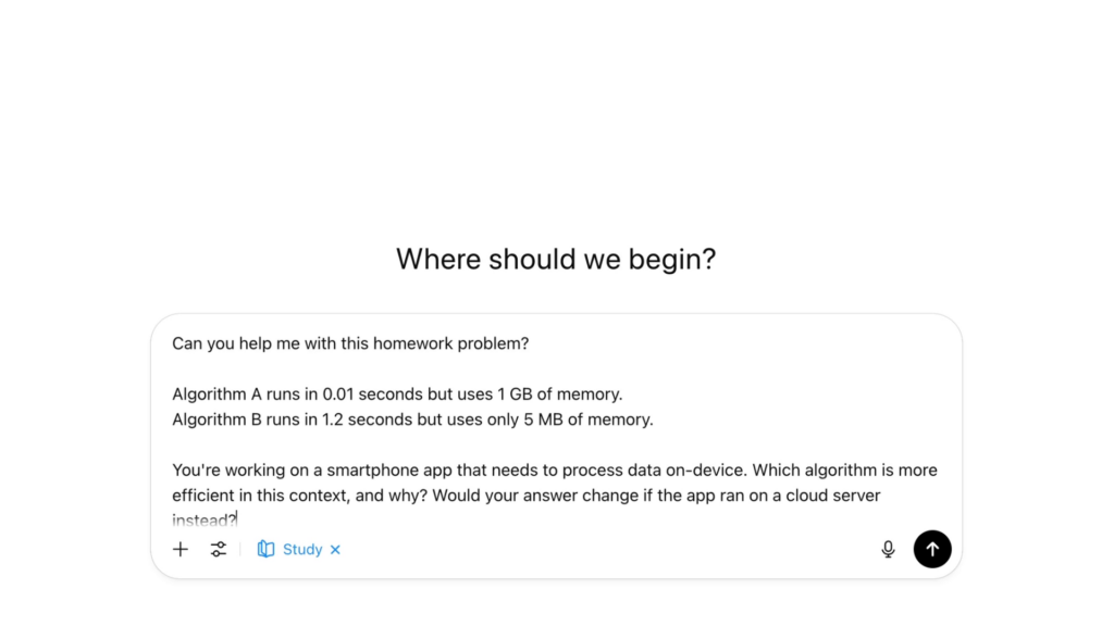 Le mode « Étude » de ChatGPT // Source : OpenAI Le mode « Étude » de ChatGPT // Source : OpenAI