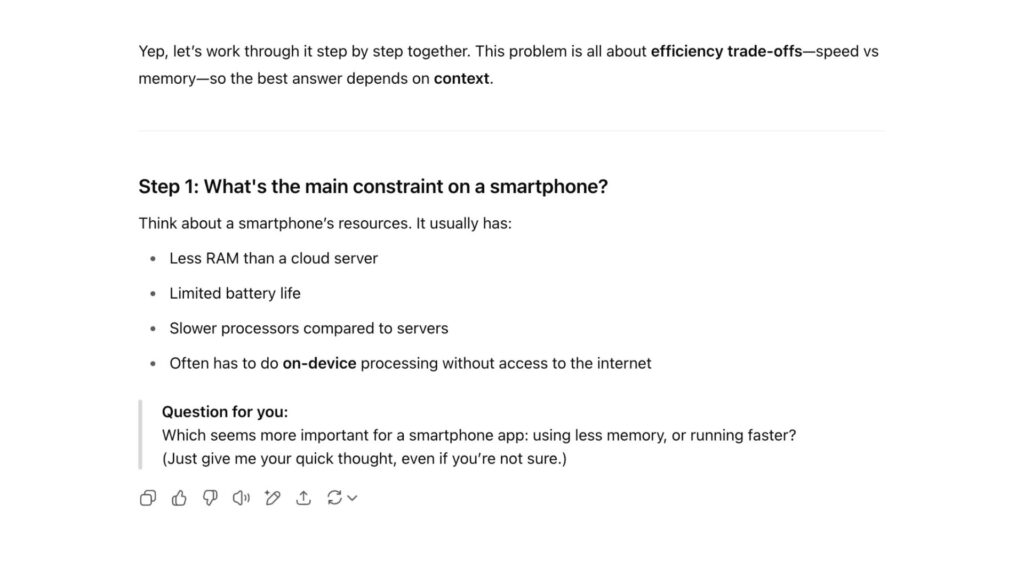 Le Study Mode de ChatGPT pose des questions en retour, il ne fait pas que répondre // Source : OpenAI Le Study Mode de ChatGPT pose des questions en retour, il ne fait pas que répondre // Source : OpenAI