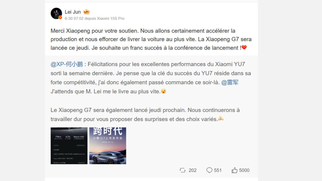 Echanges entre les patrons de Xpeng et Xiaomi // Source : Capture weibo (traduction automatique google) 